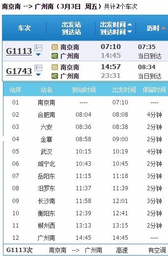 南京南站到广州站乘高铁途径那些站