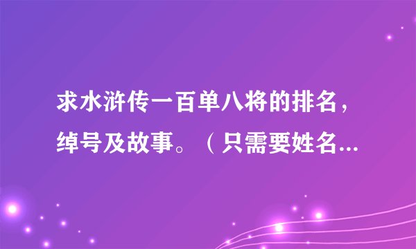 求水浒传一百单八将的排名，绰号及故事。（只需要姓名，绰号和故事名称就行了，列成表格形式的）