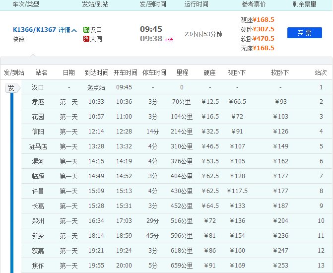 k1366的列车时刻表