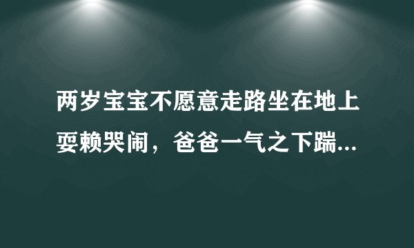两岁宝宝不愿意走路坐在地上耍赖哭闹，爸爸一气之下踹上一脚解恨