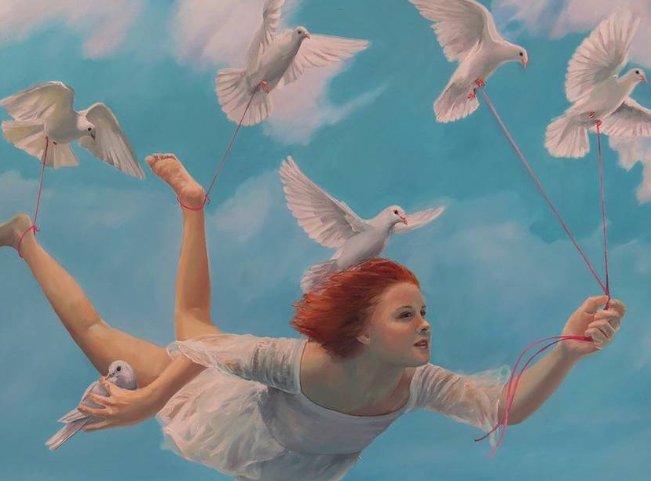 小鸟与女孩油画作品