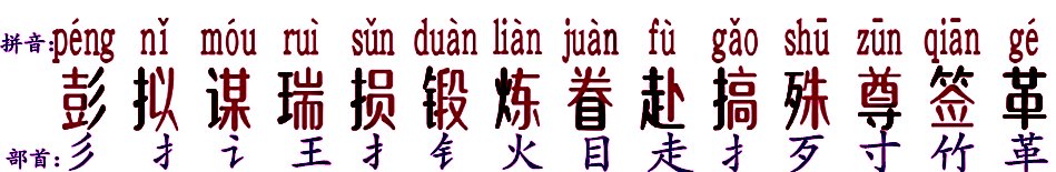 彭、拟、谋、瑞、损、锻、炼、眷、赴、搞、殊、尊、签、革怎心组词？