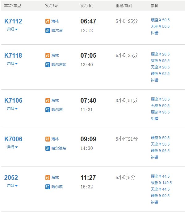 海林去哈尔滨的火车都是几点的
