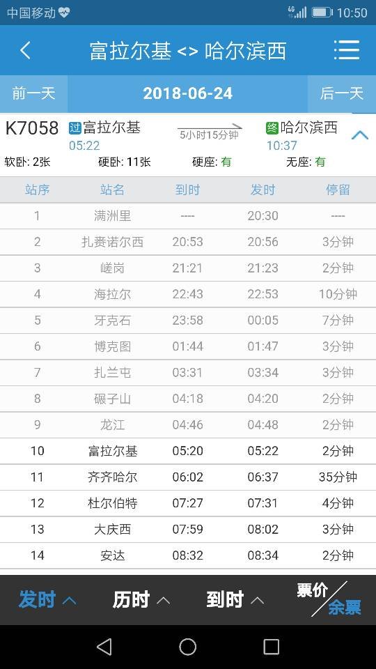 富拉尔基今天早上5点22的车到哈尔滨西,是几点?火车