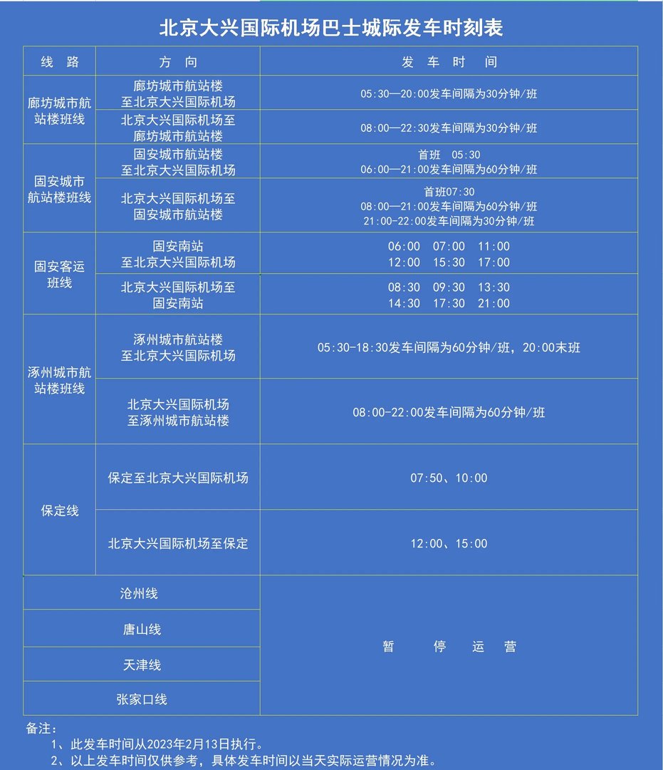 北京机场大巴时刻表2023 北京机场巴士线路 北京大兴机场大巴最新时刻表