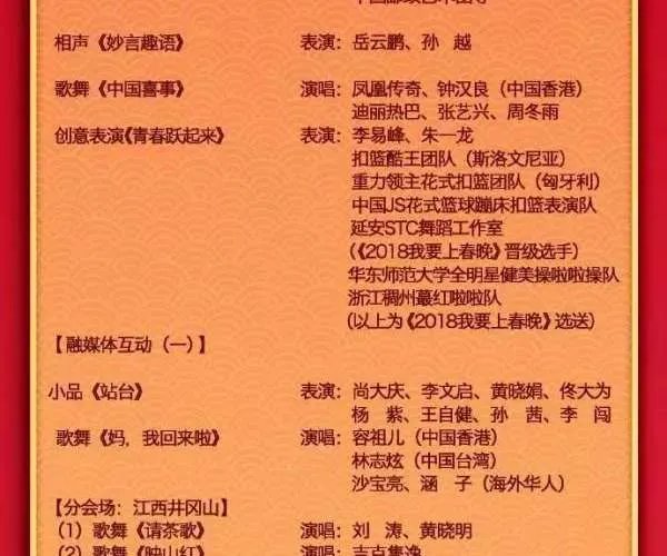 中央一台2019年春晚节目单