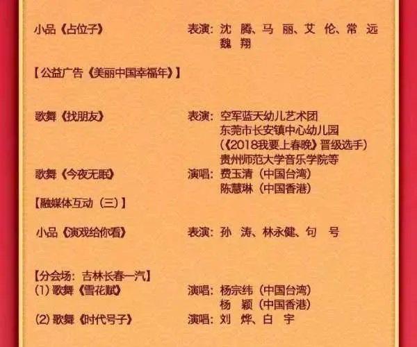 中央一台2019年春晚节目单