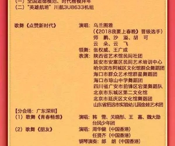 中央一台2019年春晚节目单